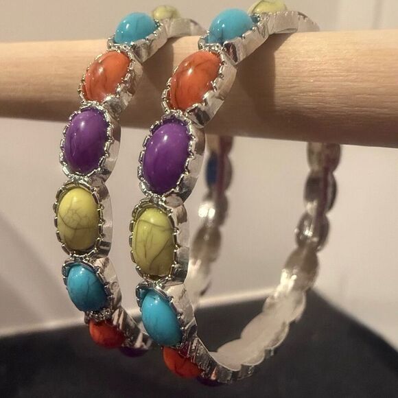 Southwest Style Hoop Earrings – Colorful Cabochons in Hopi Zuni Navajo Tones - Picture 1 of 6